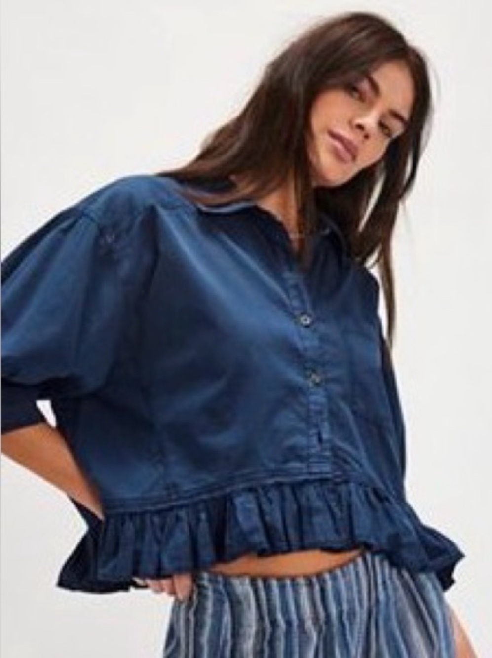 Free People -We The Free Bailey Solid Ruffle Shirt in Pageant Blue Size XS